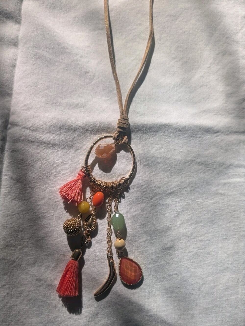 tassel pendant necklace with colorful beads, a metal ring suede cord Coral Gold